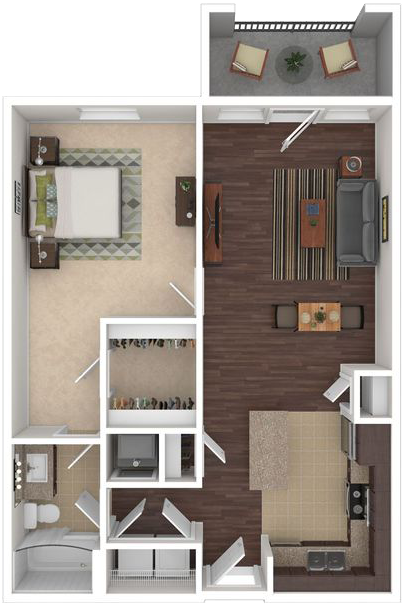 Floor plan for 1 bed, 1 bath, 741 sqft